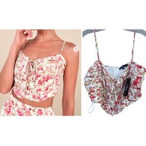 Lulus Lace up Cami soft corset Floral Tank Top Creme Pink Pleated Coquette XL